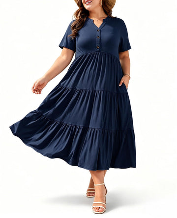 Navy plus-size maxi dress with V-neck, short sleeves, and tiered skirt