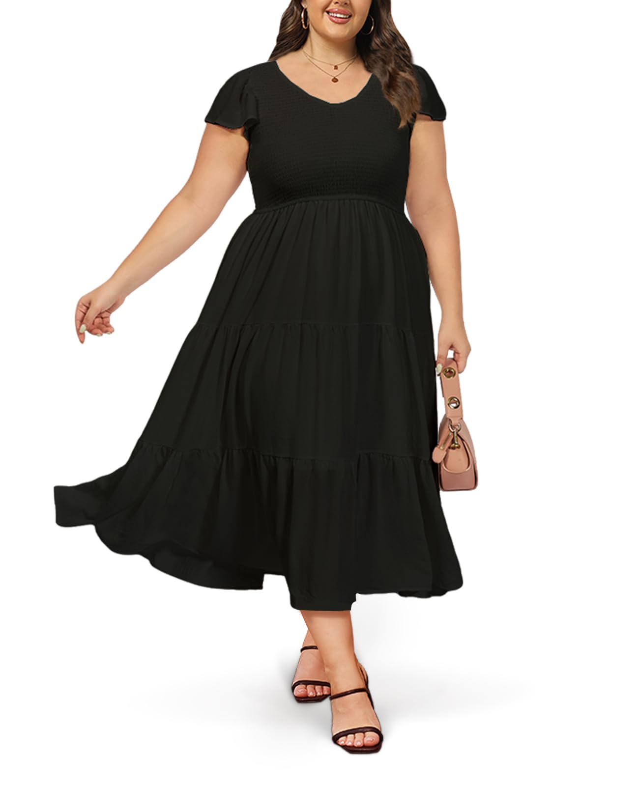 Plus Size Maxi Dress V Neck for Summer - Black-Moon Wood