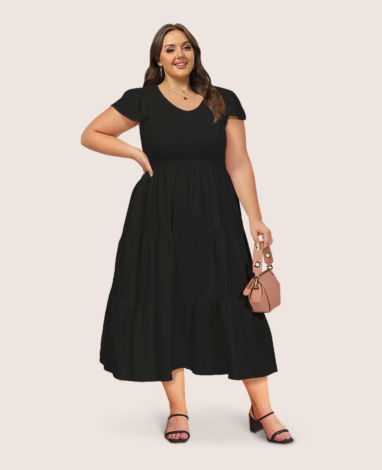 Plus Size Maxi Dress V Neck for Summer - Black-Moon Wood