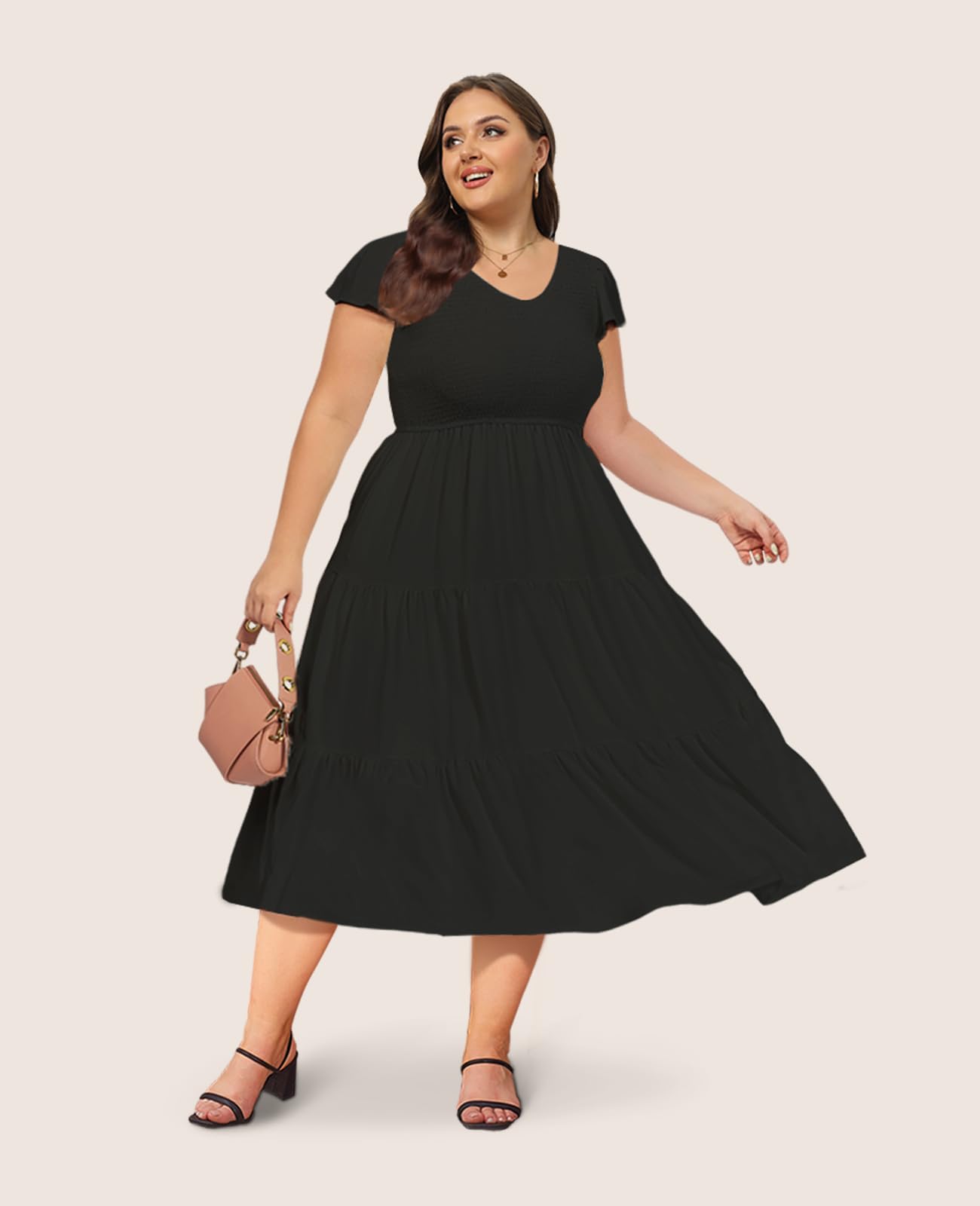 Plus Size Maxi Dress V Neck for Summer - Black-Moon Wood