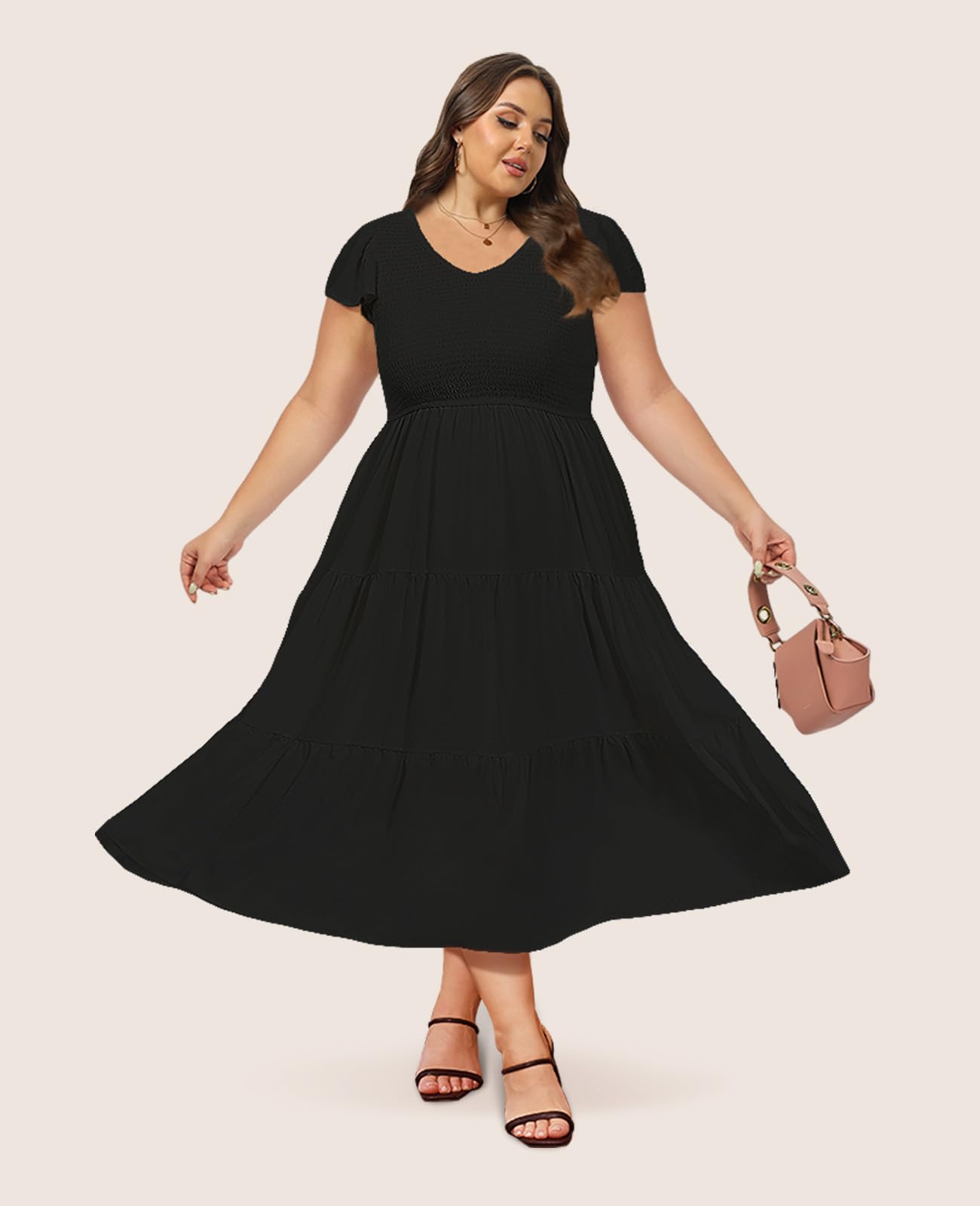 Plus Size Maxi Dress V Neck for Summer - Black-Moon Wood