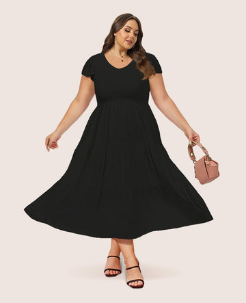 Plus Size Maxi Dress V Neck for Summer - Black