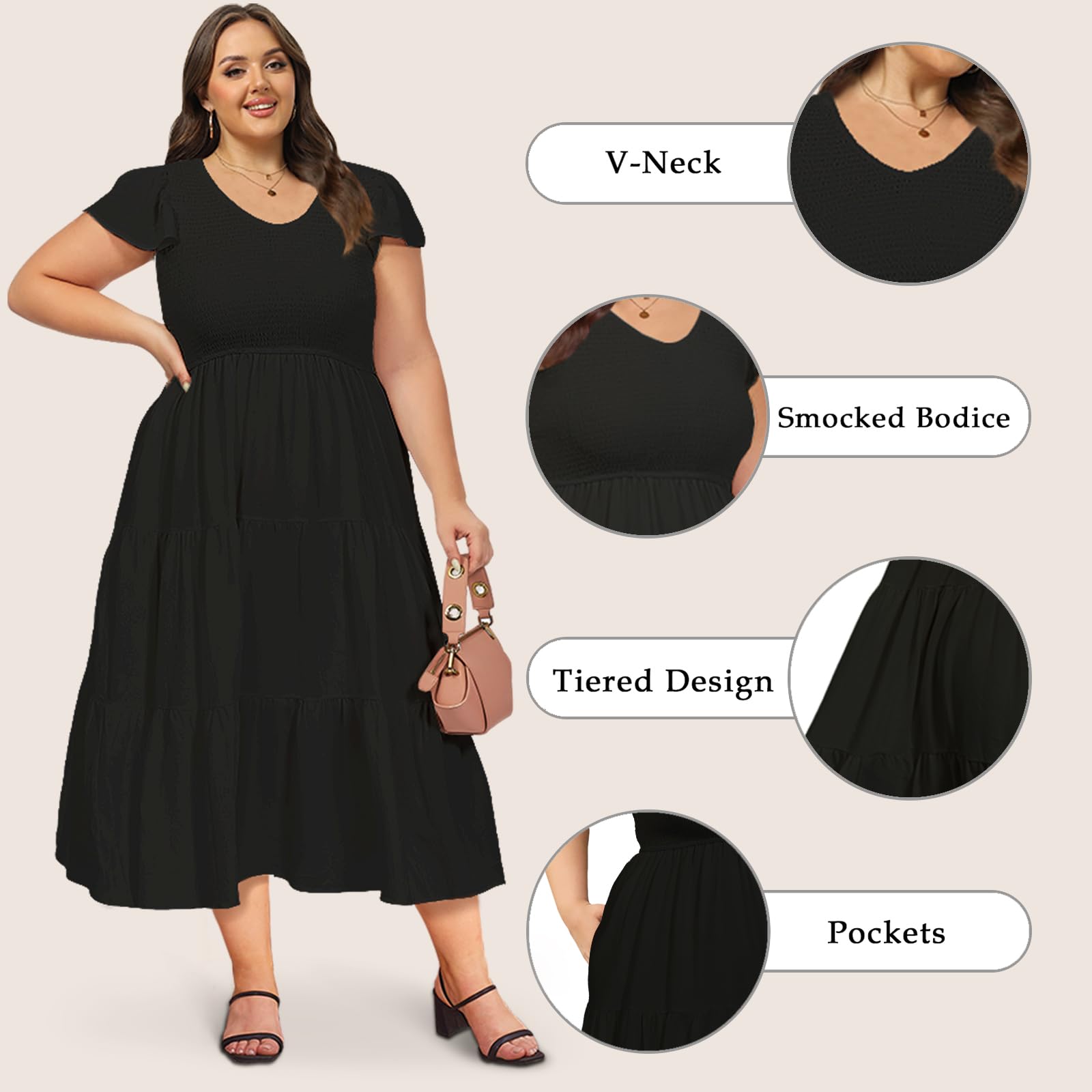 Plus Size Maxi Dress V Neck for Summer - Black-Moon Wood