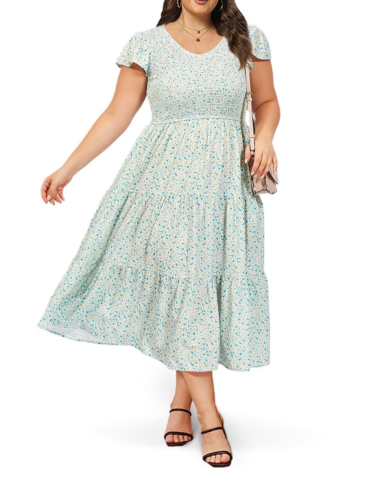 Plus Size Maxi Dress V Neck for Summer - Green-Moon Wood