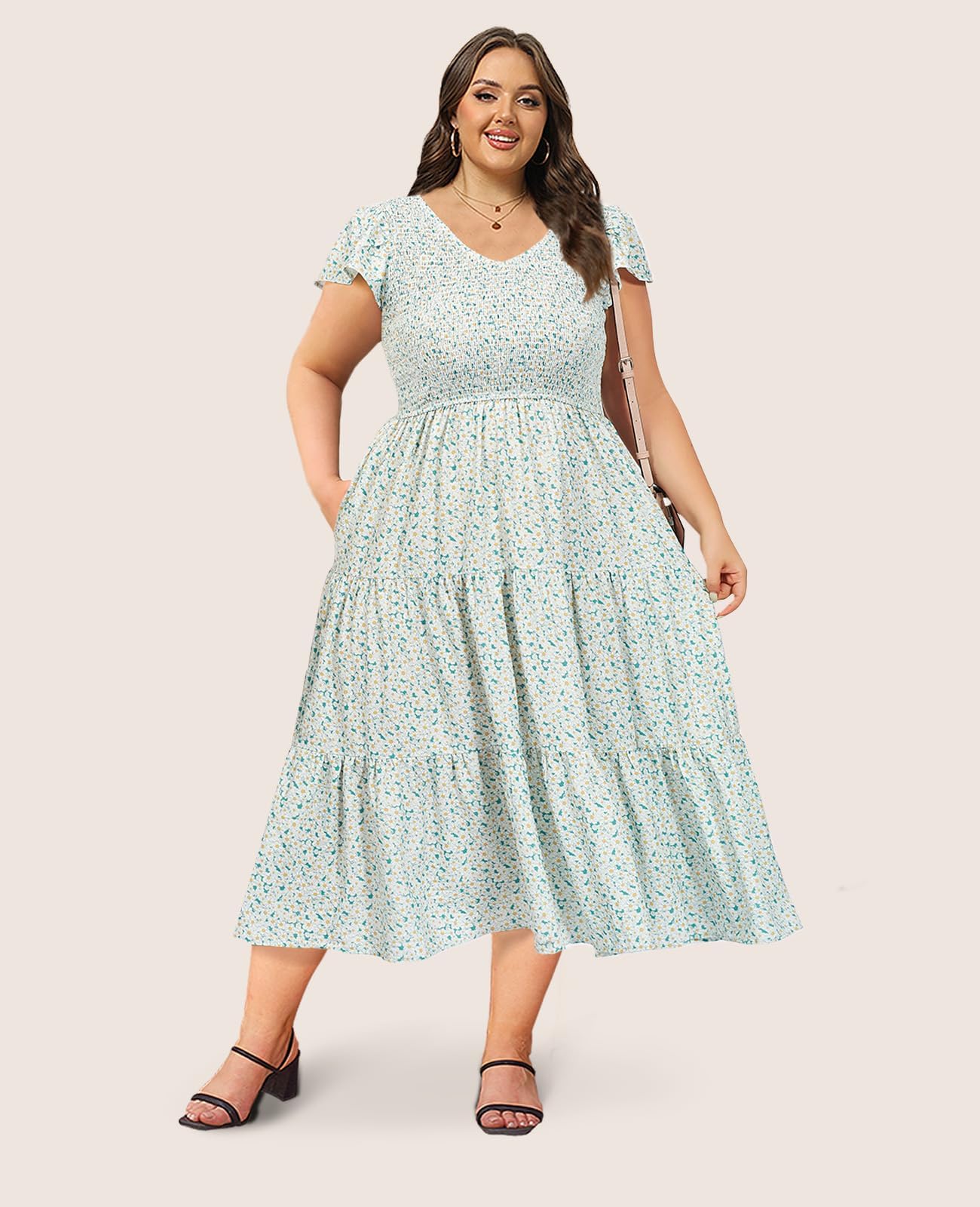 Plus Size Maxi Dress V Neck for Summer - Green-Moon Wood