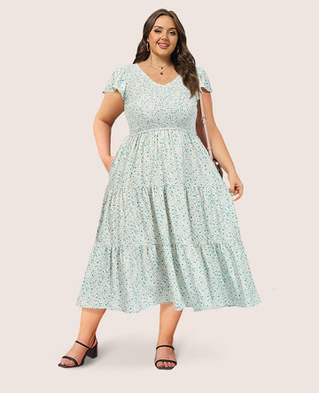 Plus Size Maxi Dress V Neck for Summer - Green