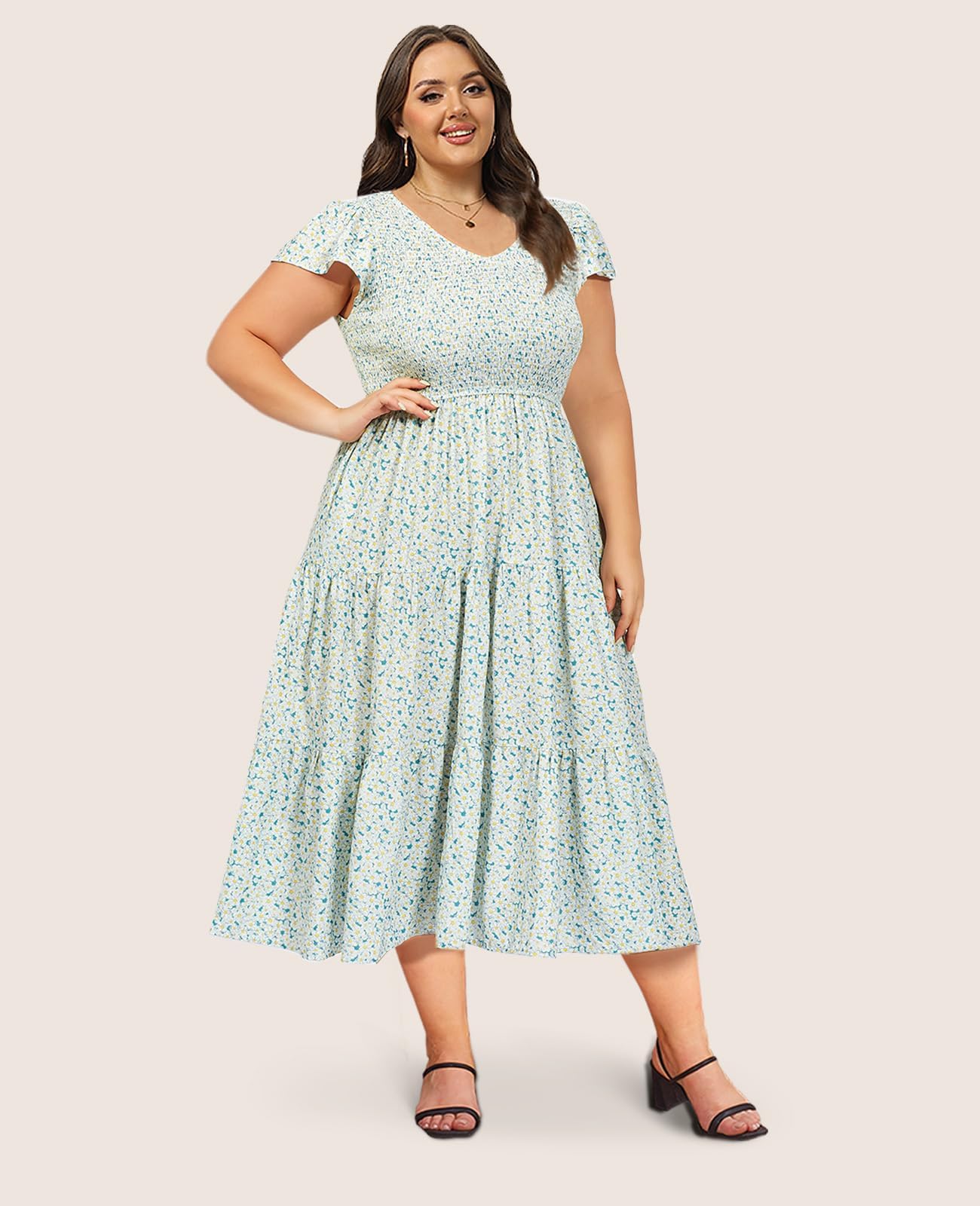 Plus Size Maxi Dress V Neck for Summer - Green-Moon Wood