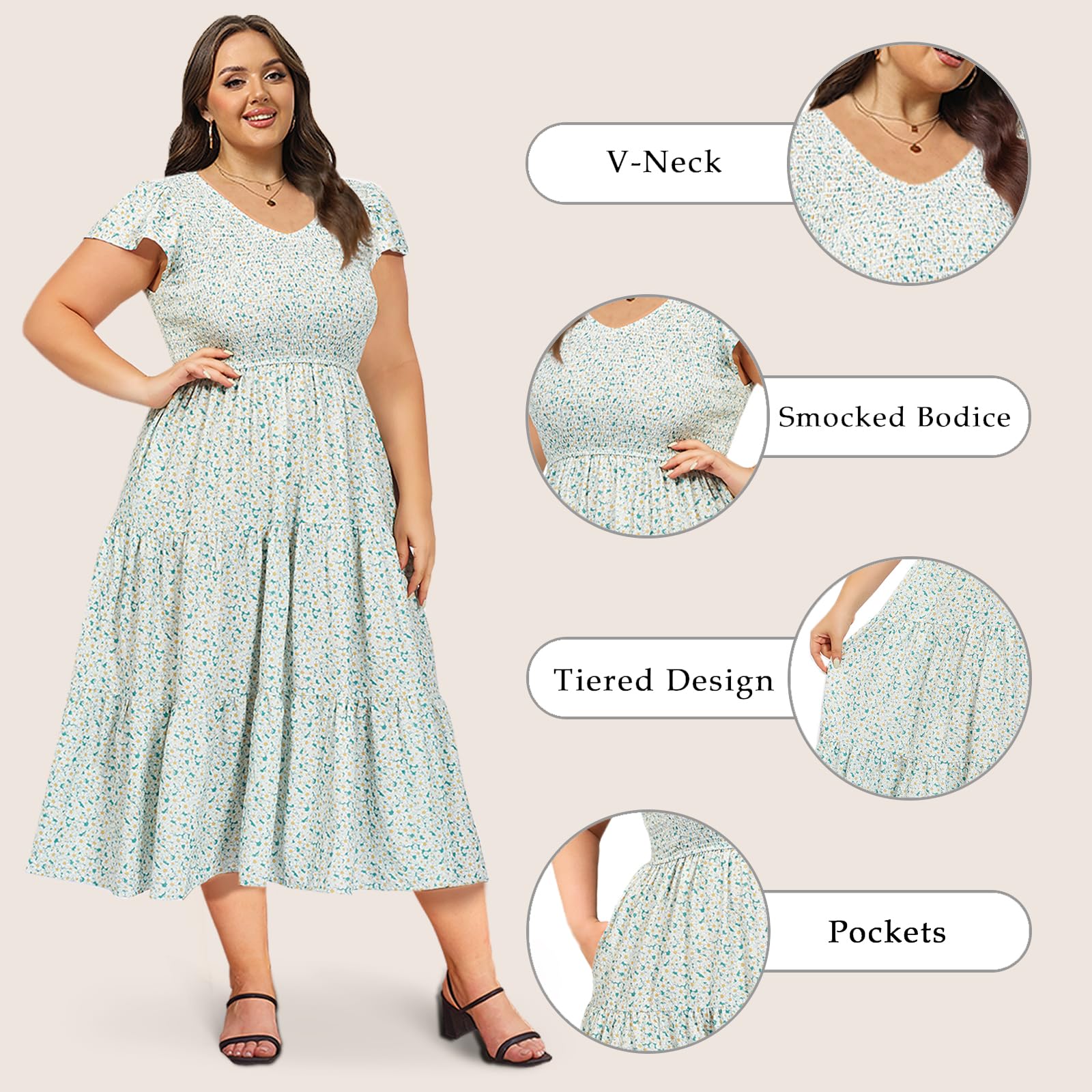 Plus Size Maxi Dress V Neck for Summer - Green