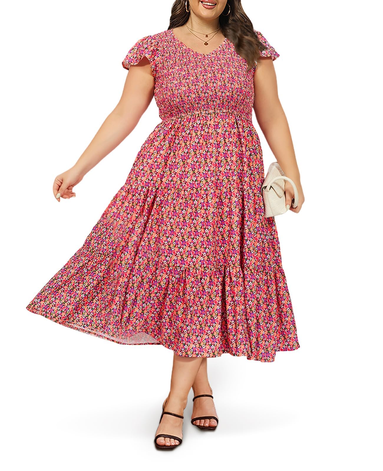 Plus Size Maxi Dress V Neck for Summer - Multi-Moon Wood