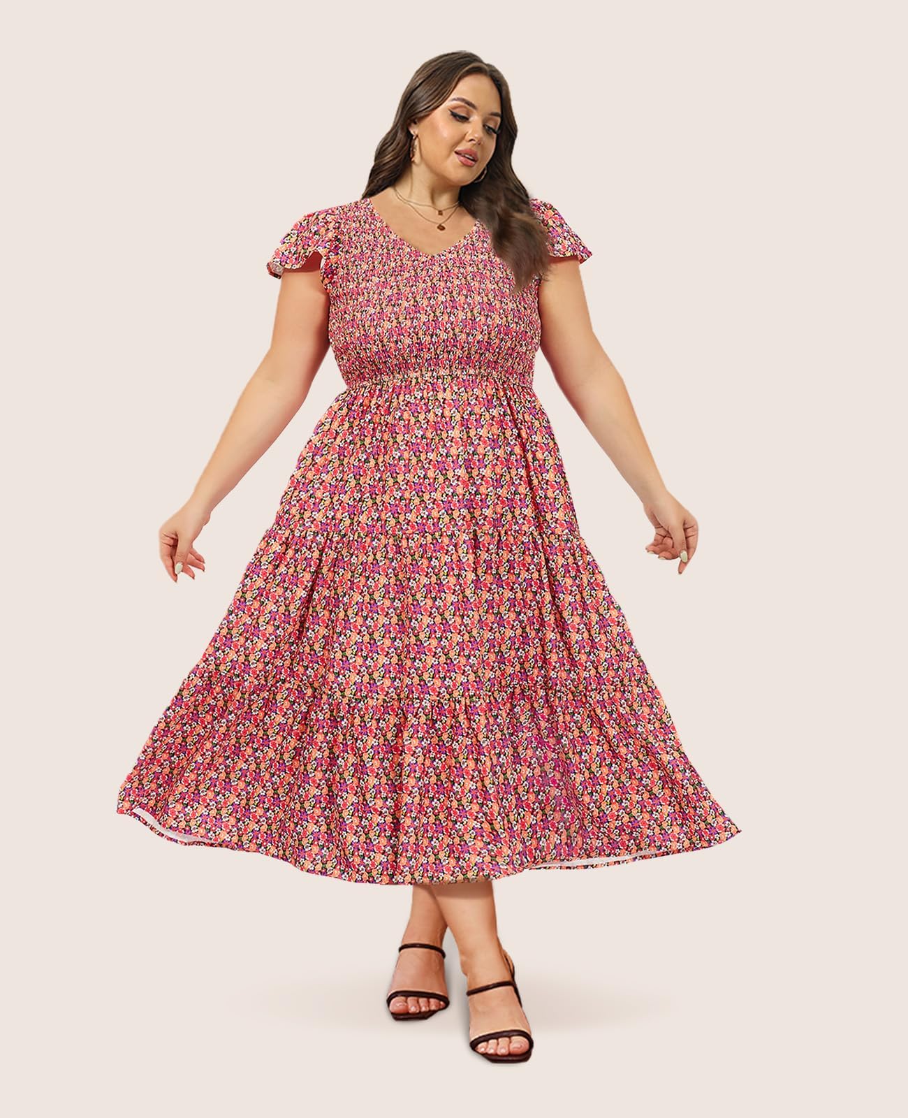 Plus Size Maxi Dress V Neck for Summer - Multi-Moon Wood