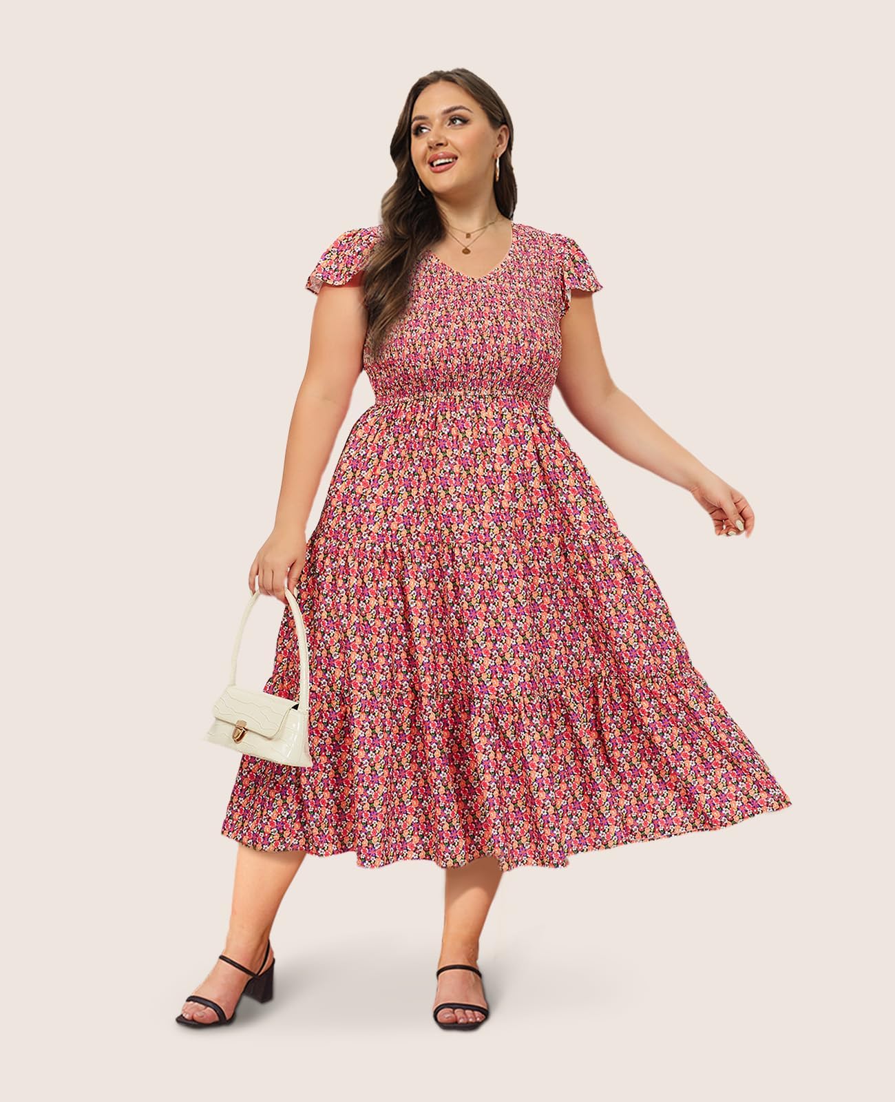 Plus Size Maxi Dress V Neck for Summer - Multi-Moon Wood