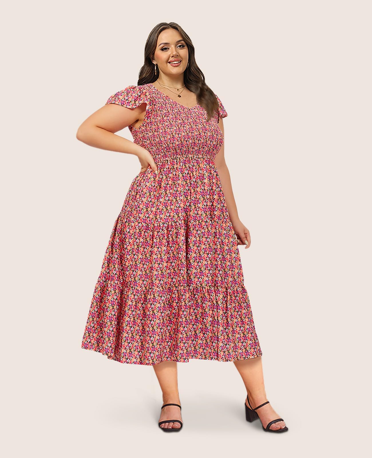 Plus Size Maxi Dress V Neck for Summer - Multi-Moon Wood