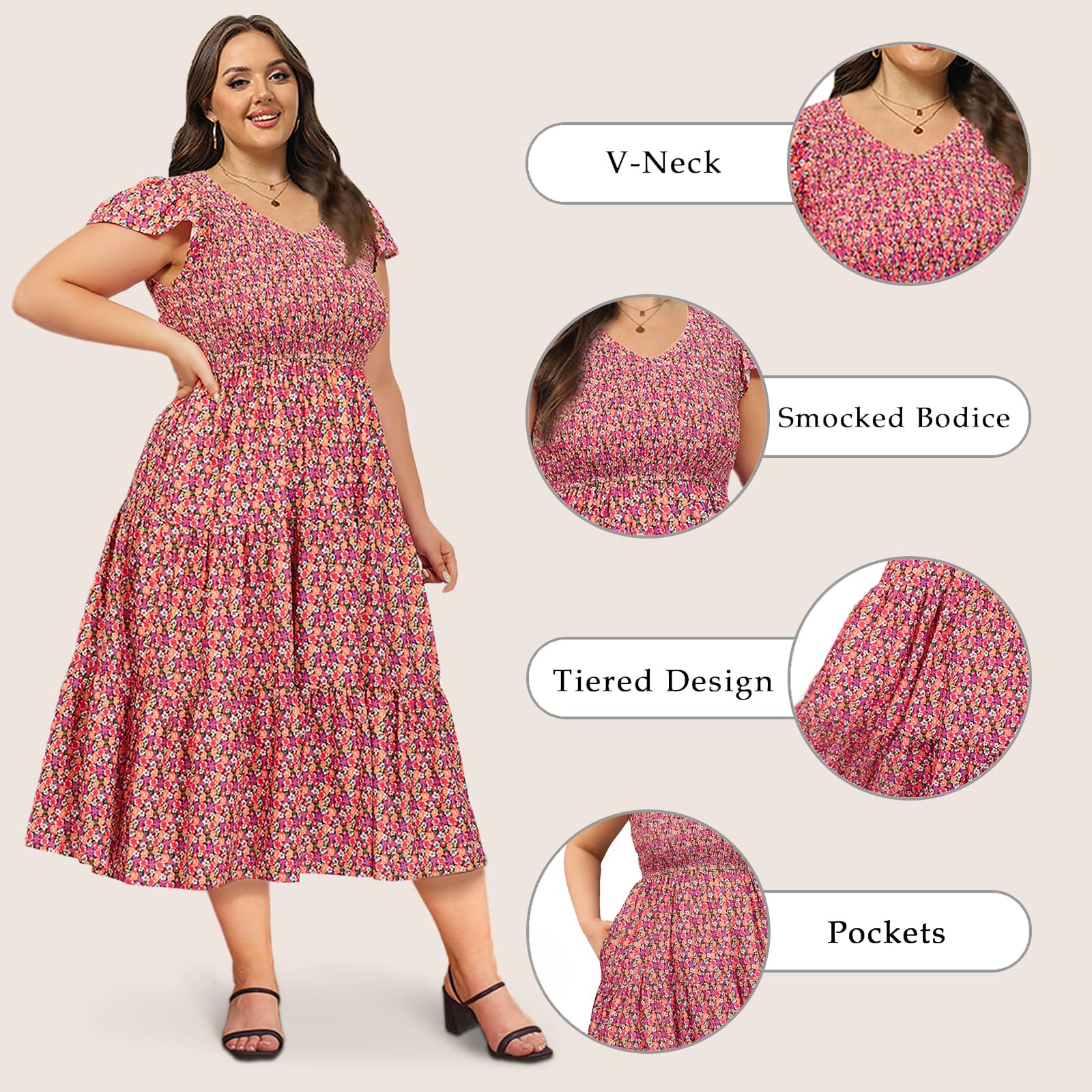 Plus Size Maxi Dress V Neck for Summer - Multi-Moon Wood