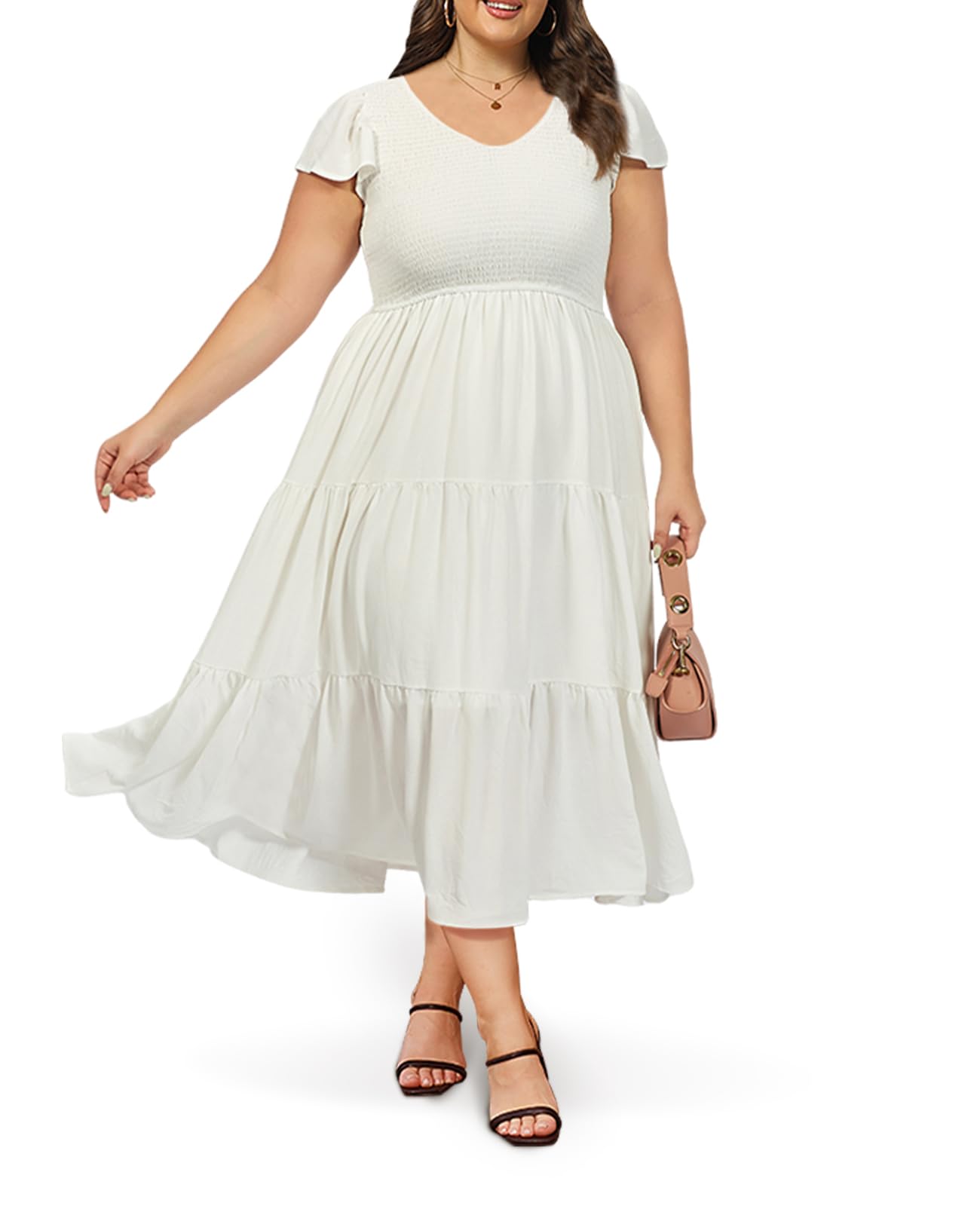 Plus Size Maxi Dress V Neck for Summer - White-Moon Wood