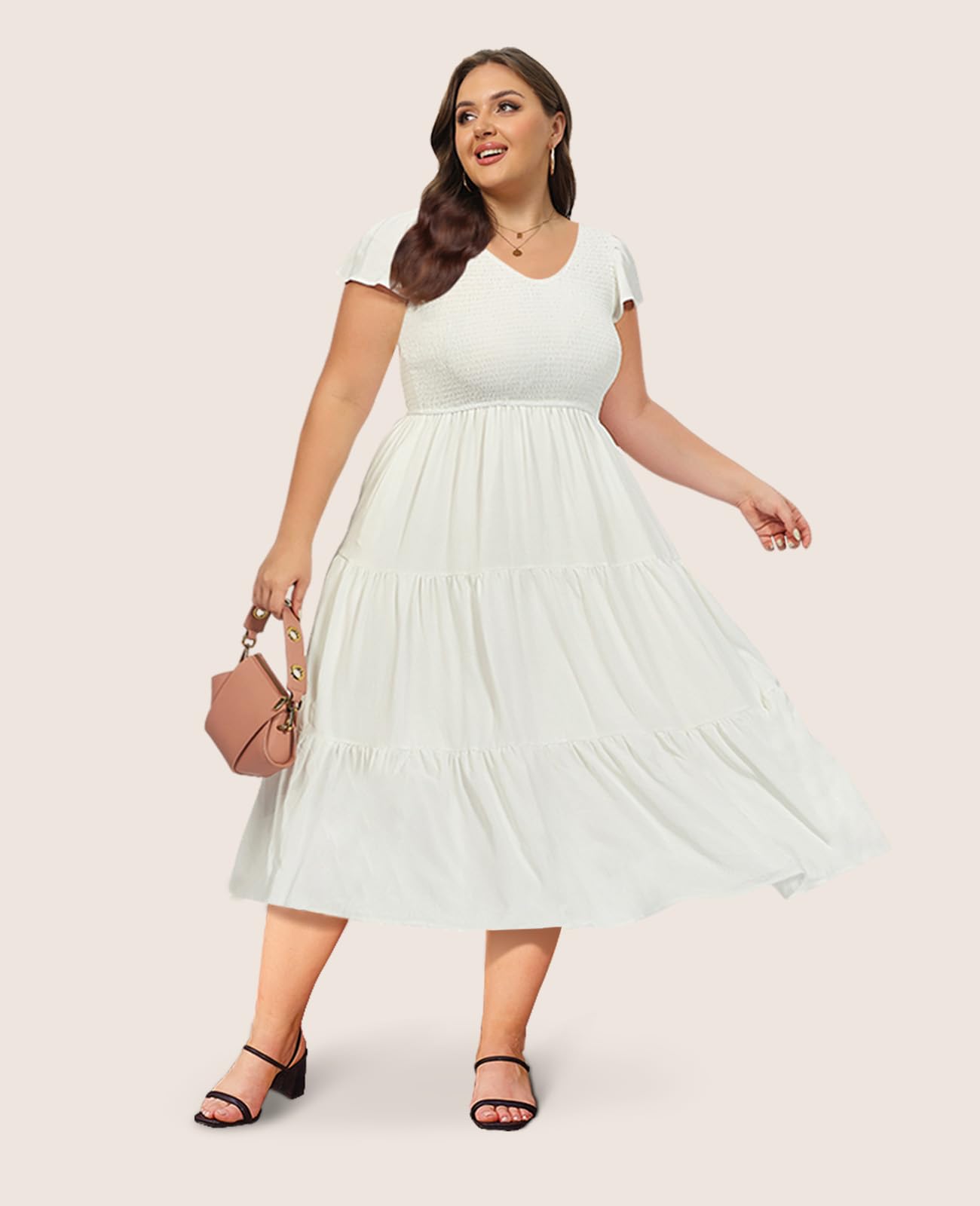 Plus Size Maxi Dress V Neck for Summer - White-Moon Wood