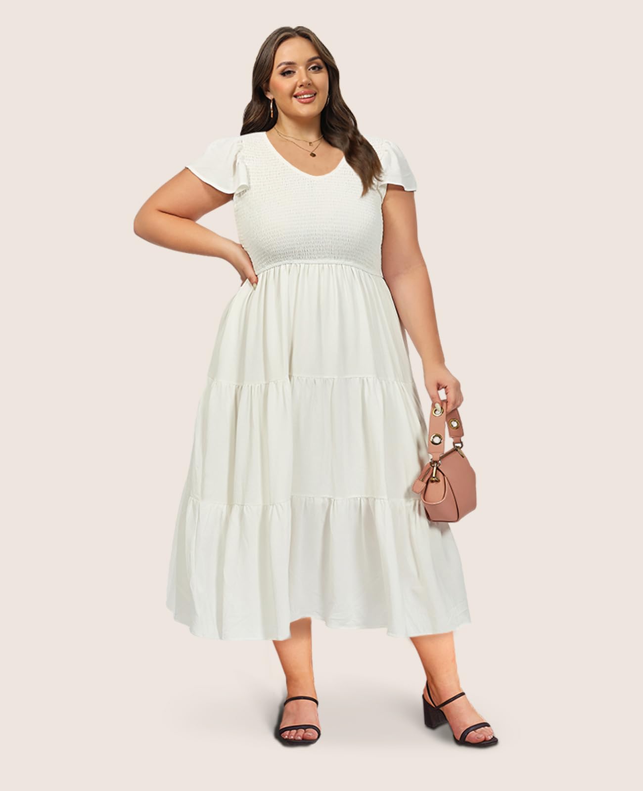 Plus Size Maxi Dress V Neck for Summer - White-Moon Wood