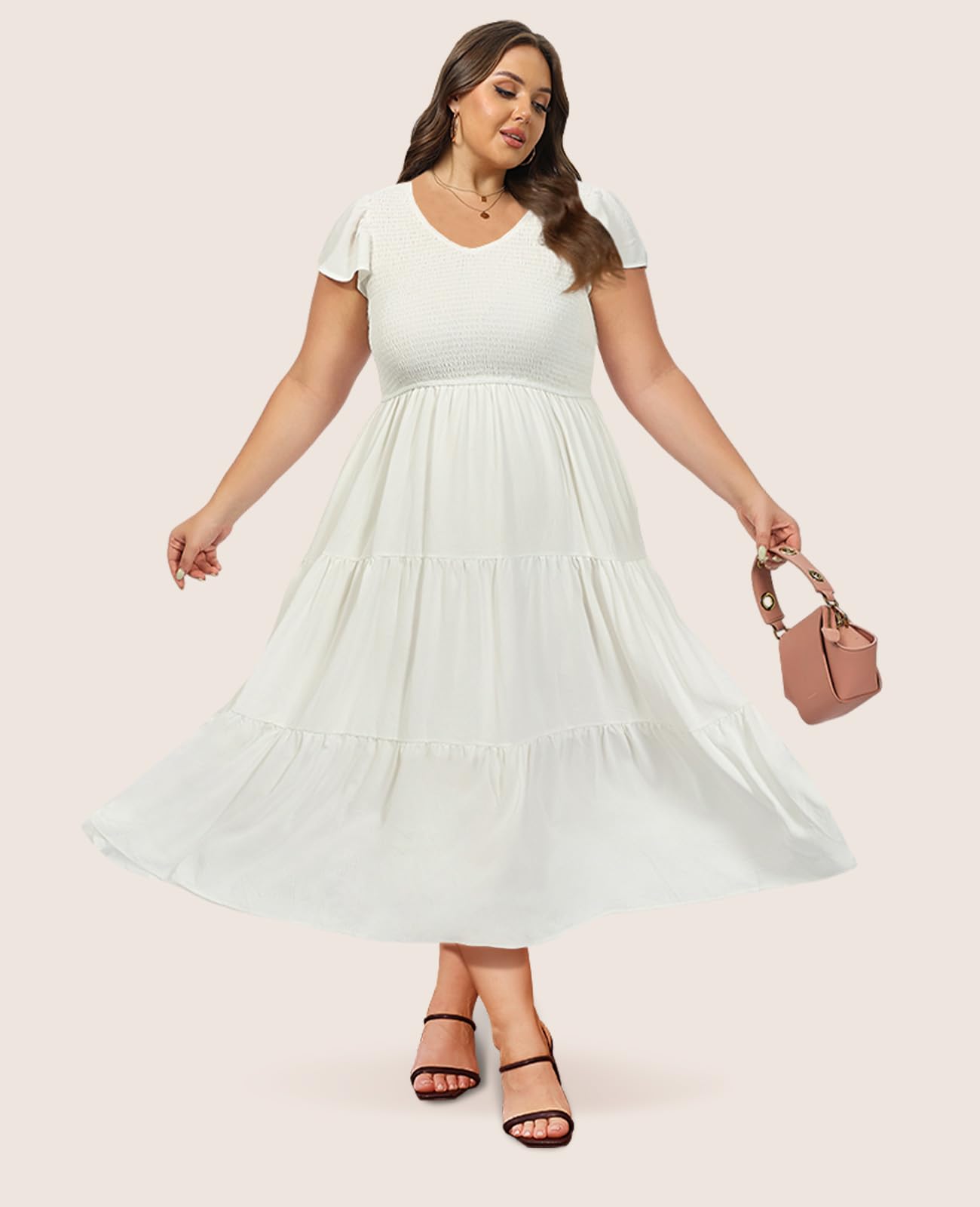 Plus Size Maxi Dress V Neck for Summer - White-Moon Wood