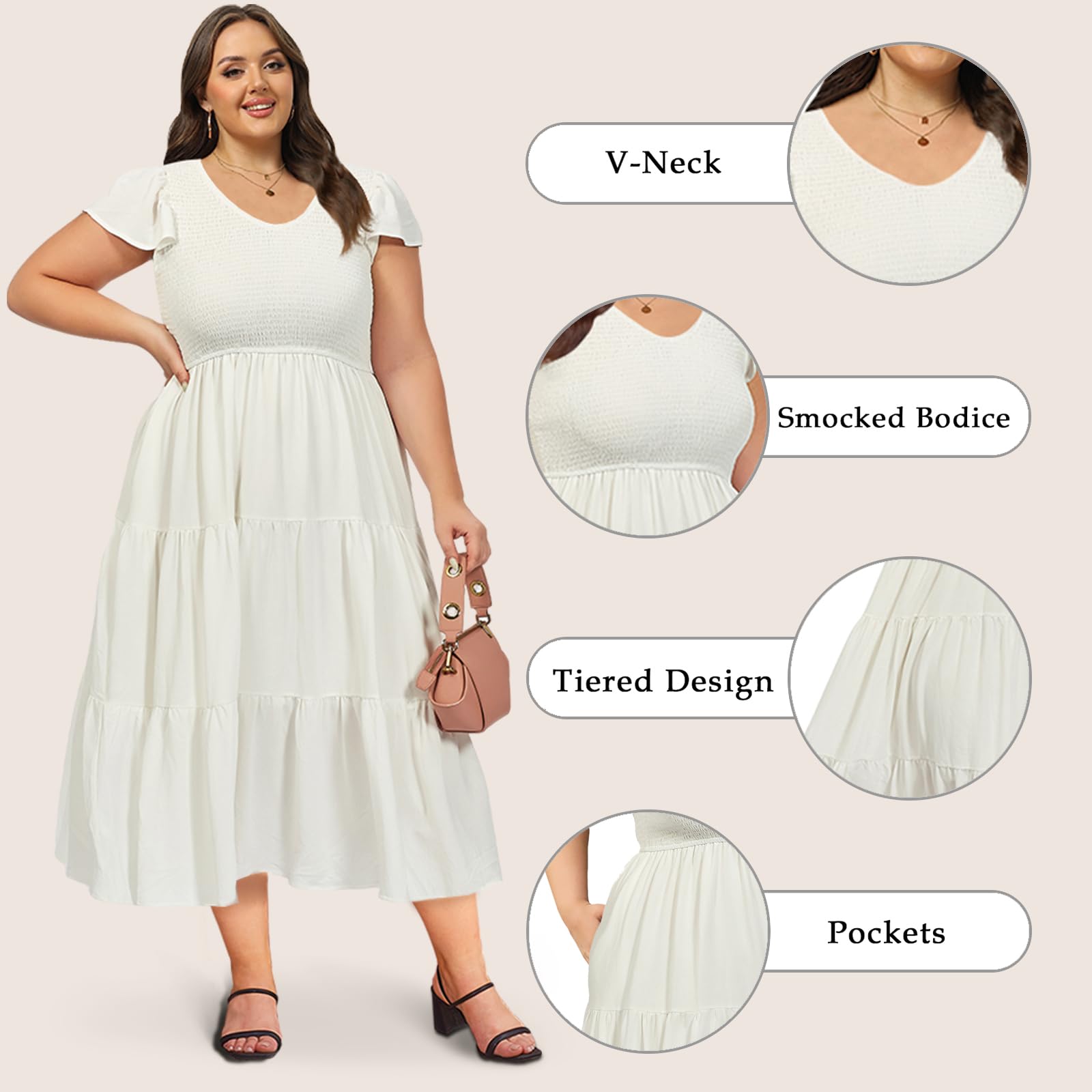 Plus Size Maxi Dress V Neck for Summer - White-Moon Wood