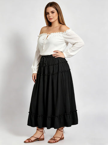 Plus Size Maxi Skirt Boho Tiered - Black