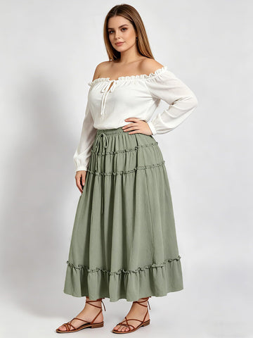 Plus Size Maxi Skirt Boho Tiered - Light Green