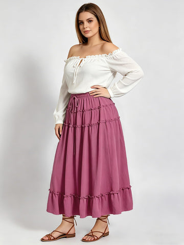 Plus Size Maxi Skirt Boho Tiered - Smoky Pink