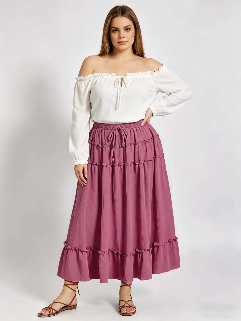 Smoky pink tiered maxi skirt with elastic waist and layered ruffle trim