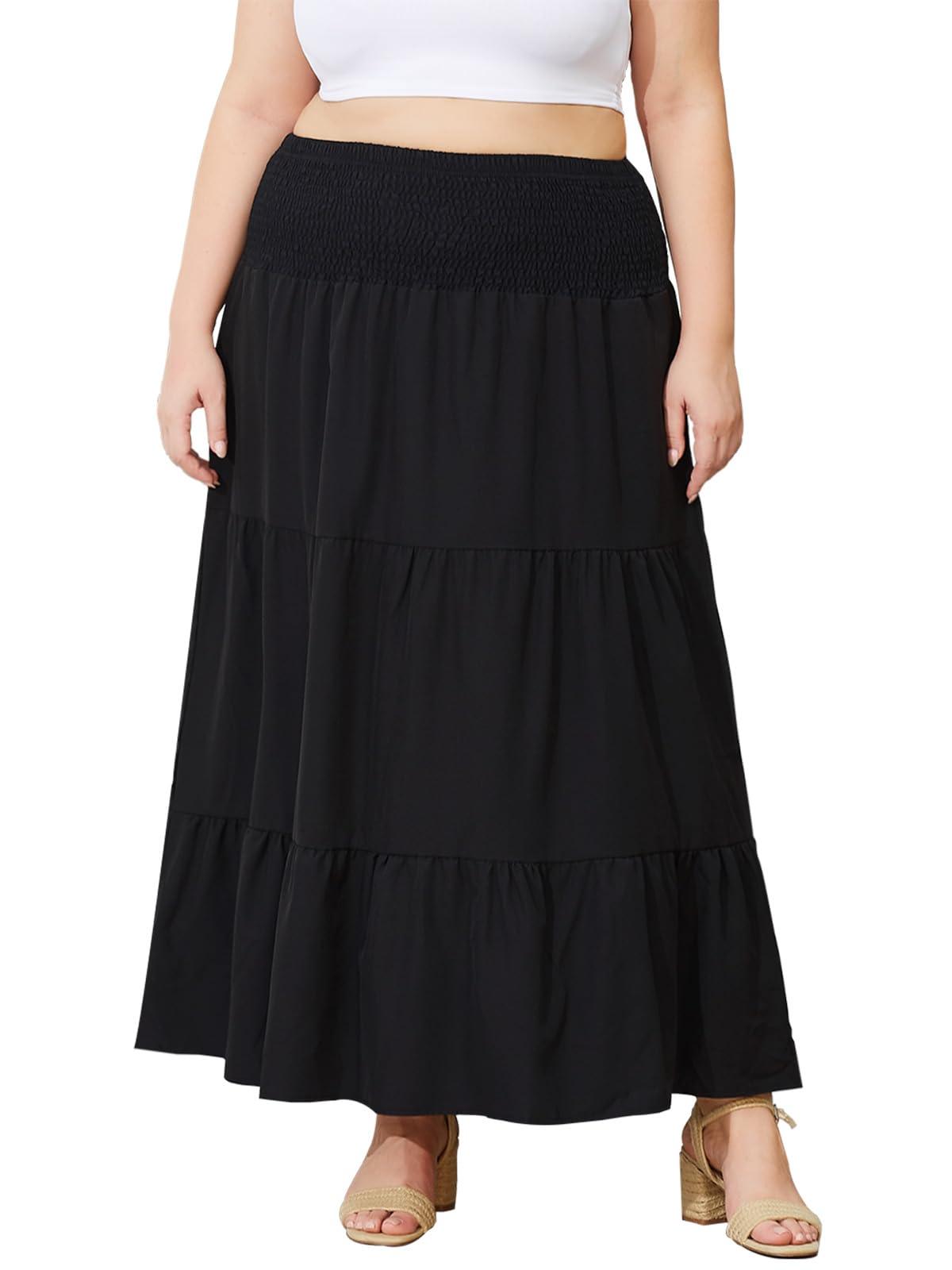 Plus Size Maxi Skirt High Waist Pleated Flowy Floral - Black-Moon Wood