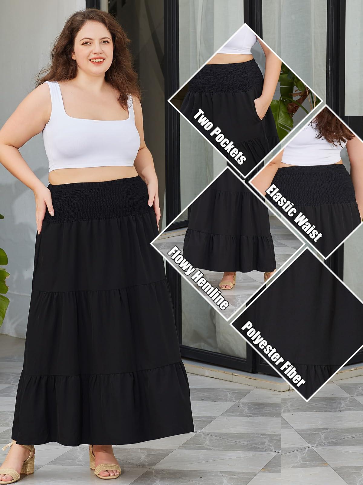 Plus Size Maxi Skirt High Waist Pleated Flowy Floral - Black-Moon Wood