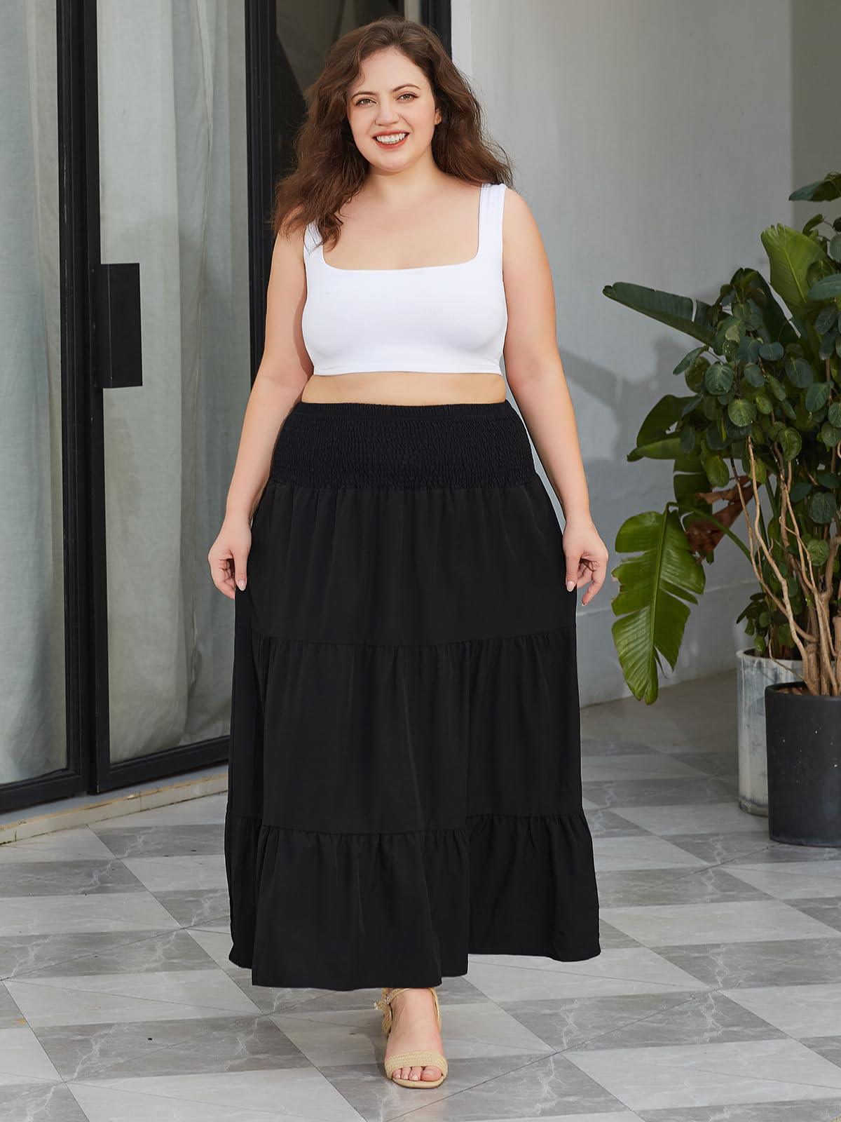 Plus Size Maxi Skirt High Waist Pleated Flowy Floral - Black-Moon Wood