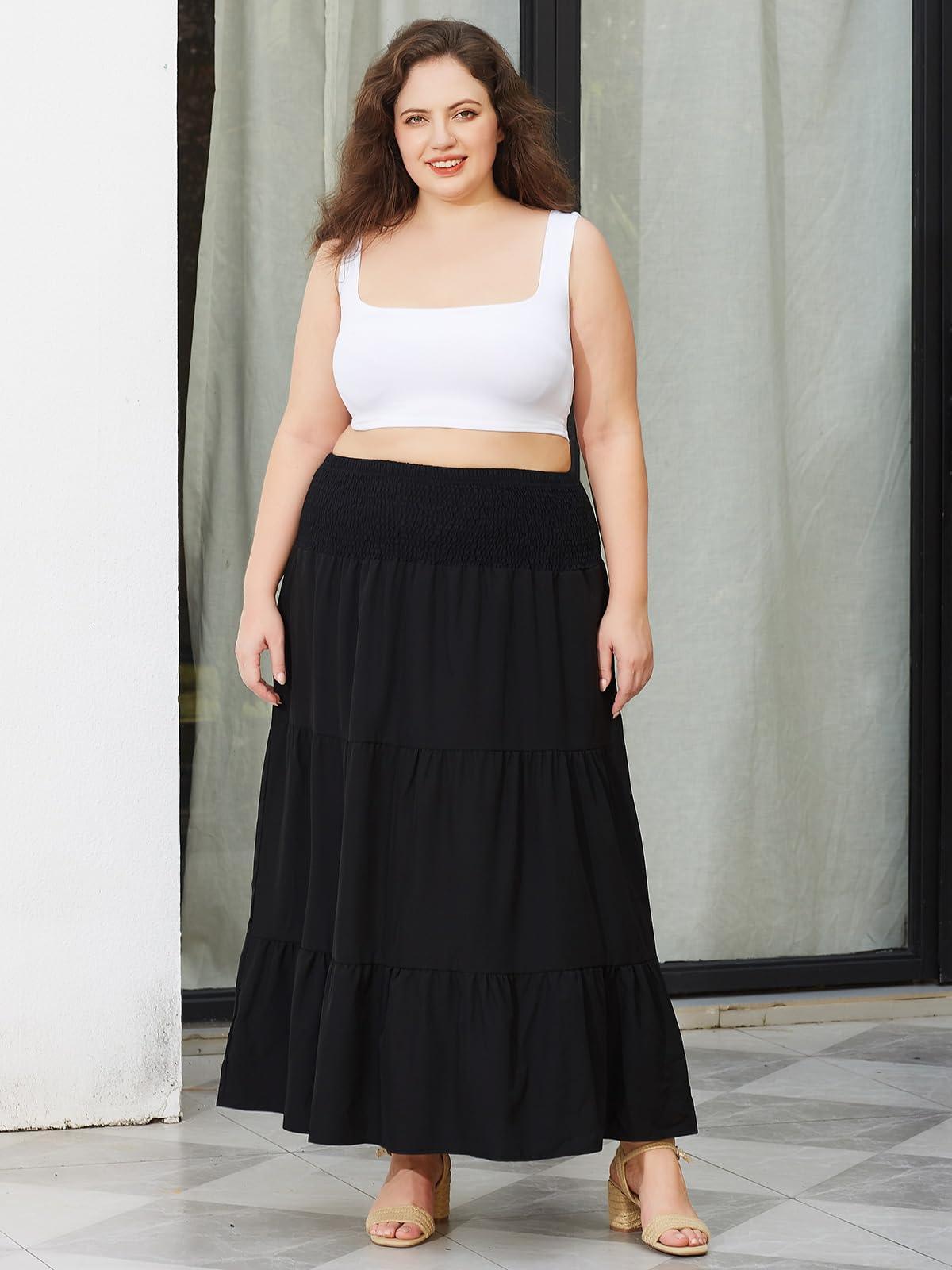 Plus Size Maxi Skirt High Waist Pleated Flowy Floral - Black-Moon Wood