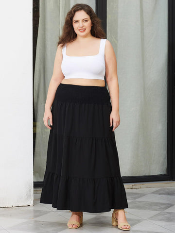 Plus Size Maxi Skirt High Waist Pleated Flowy Floral - Black