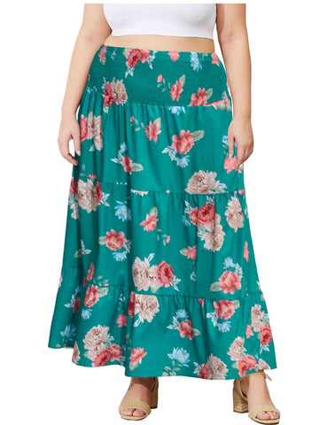 Plus Size Maxi Skirt High Waist Pleated Flowy Floral - Green Print