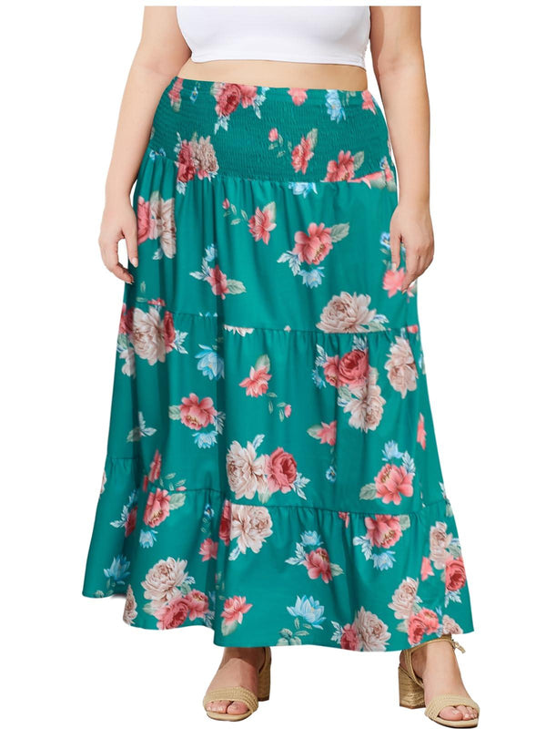 Plus Size Maxi Skirt High Waist Pleated Flowy Floral - Green Print-Moon Wood