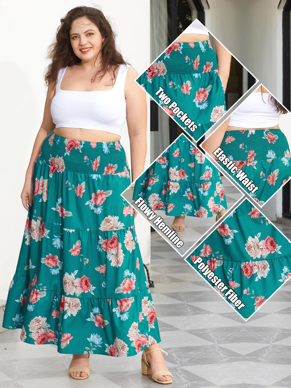 Plus Size Maxi Skirt High Waist Pleated Flowy Floral - Green Print-Moon Wood