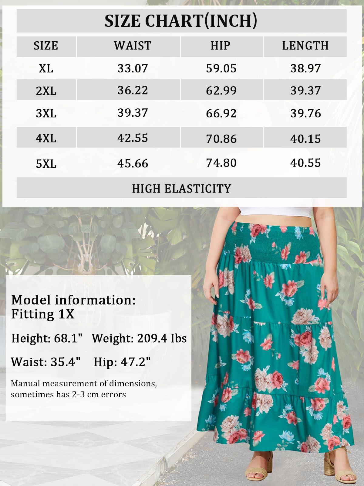 Plus Size Maxi Skirt High Waist Pleated Flowy Floral Green Print