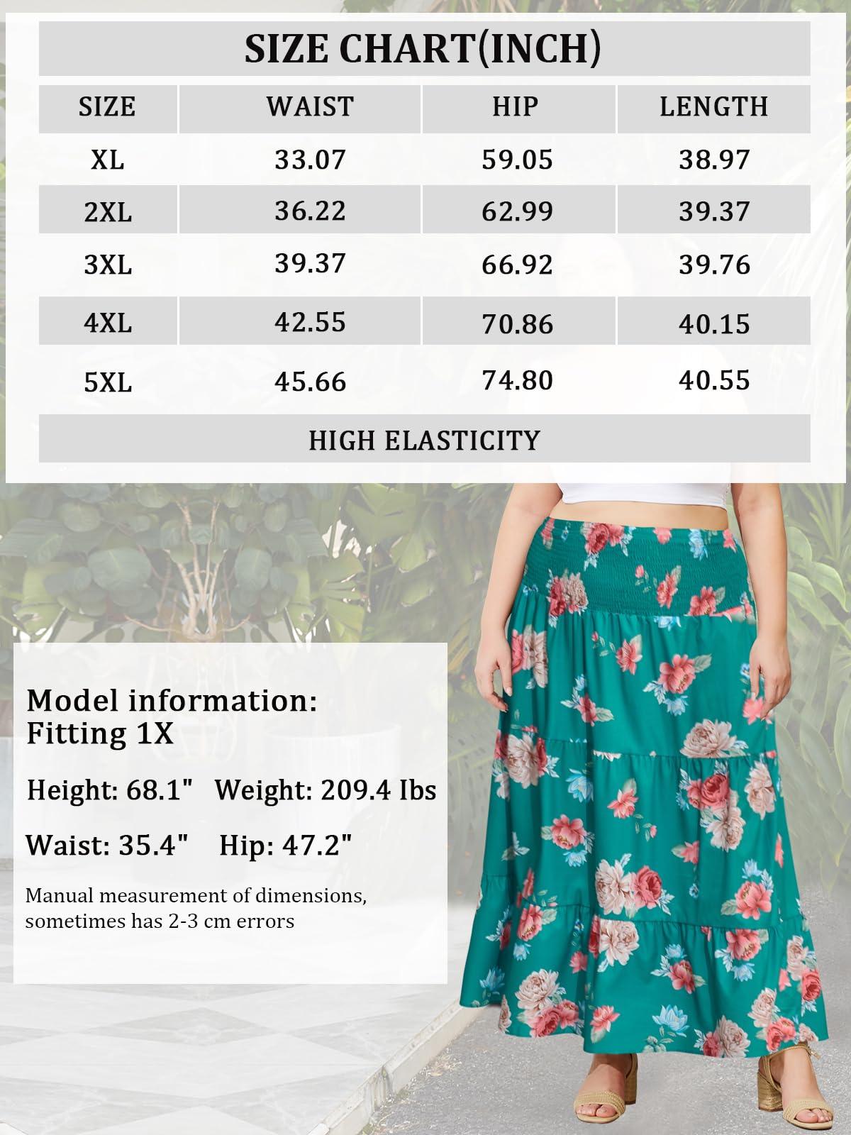 Plus Size Maxi Skirt High Waist Pleated Flowy Floral - Green Print-Moon Wood