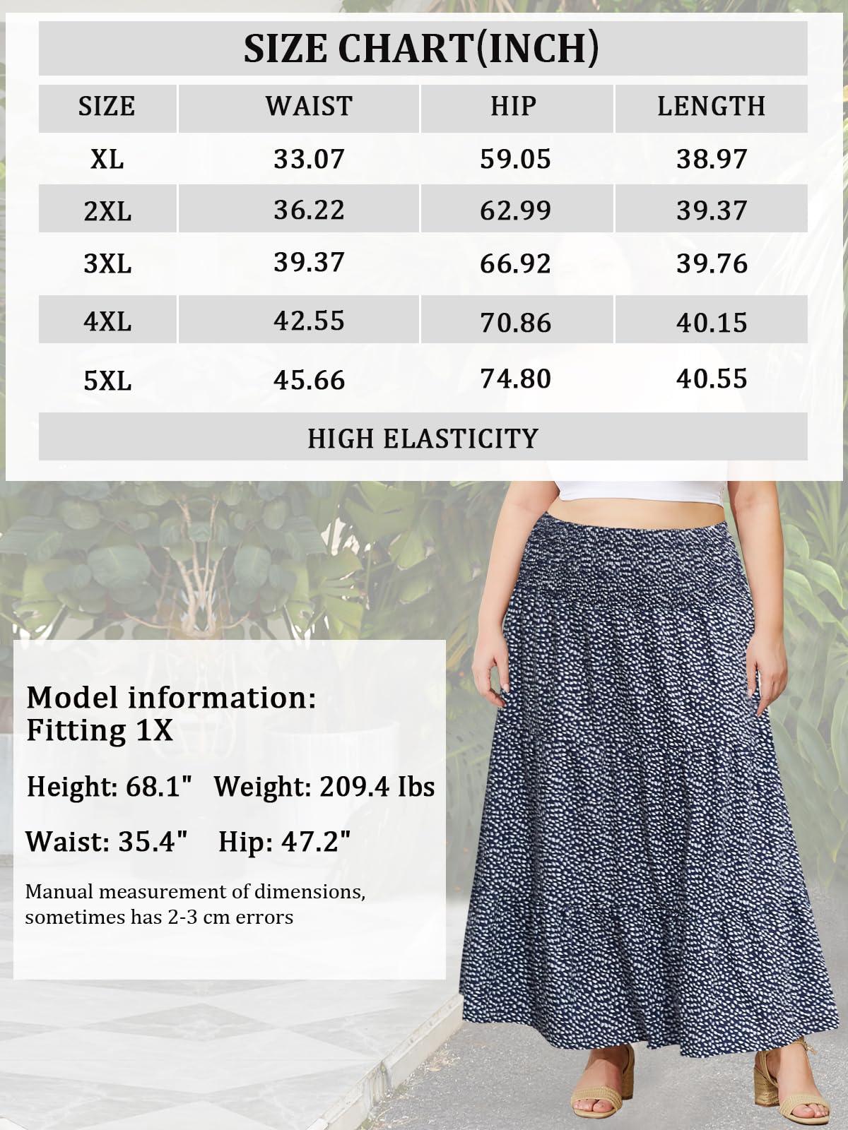 Plus Size Maxi Skirt High Waist Pleated Flowy Floral - Navy Blue Print-Moon Wood