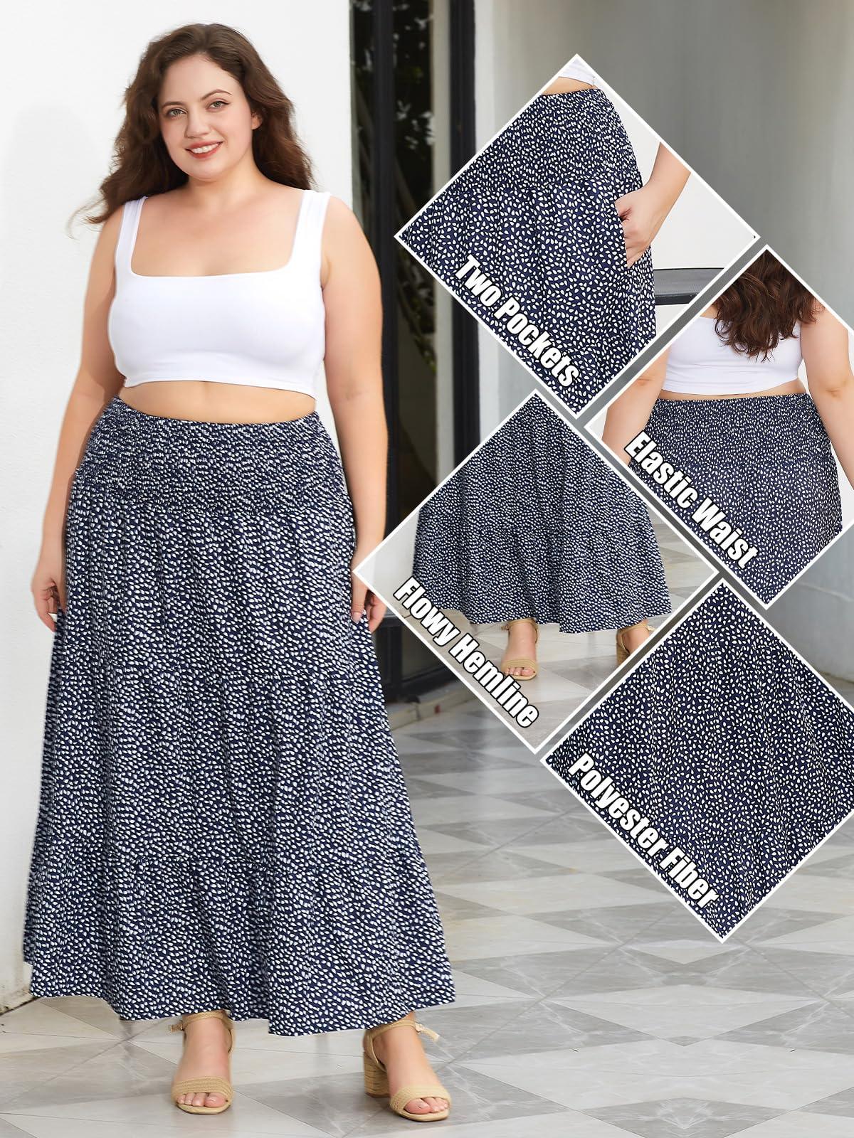 Plus Size Maxi Skirt High Waist Pleated Flowy Floral - Navy Blue Print-Moon Wood