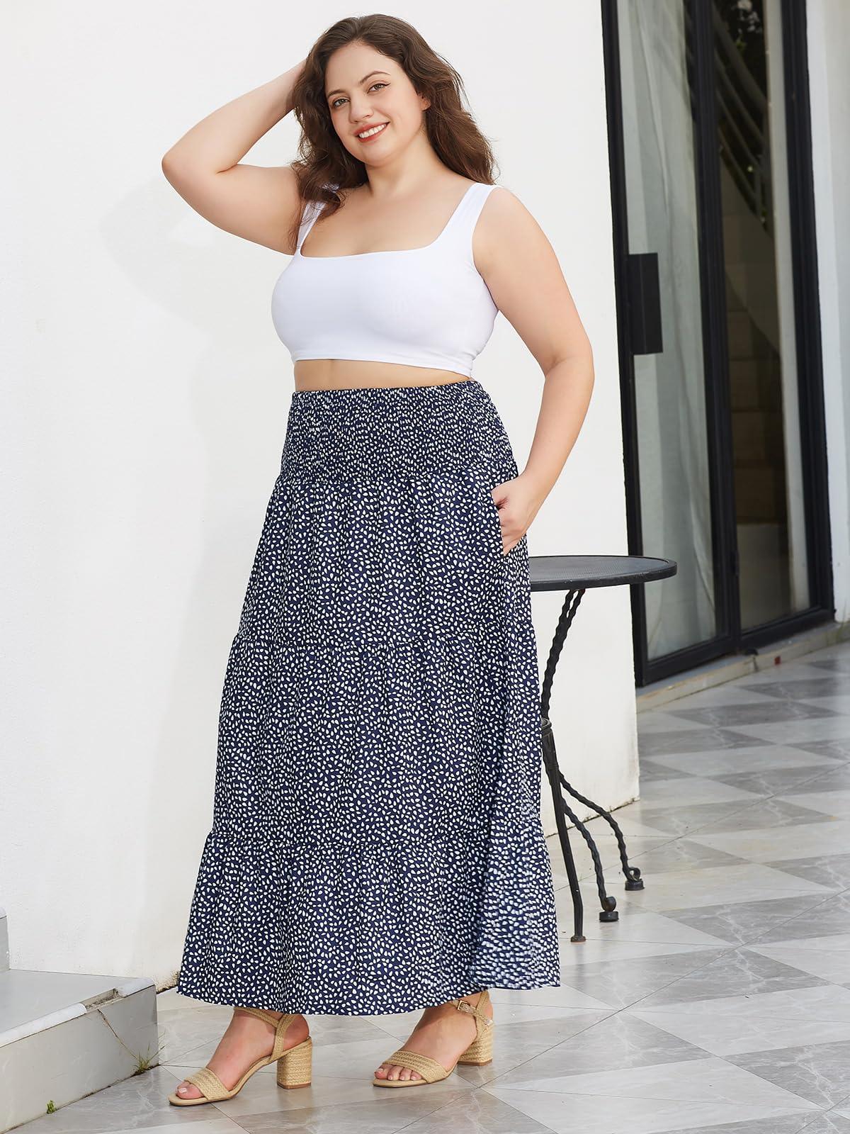 Plus Size Maxi Skirt High Waist Pleated Flowy Floral Navy Blue Print