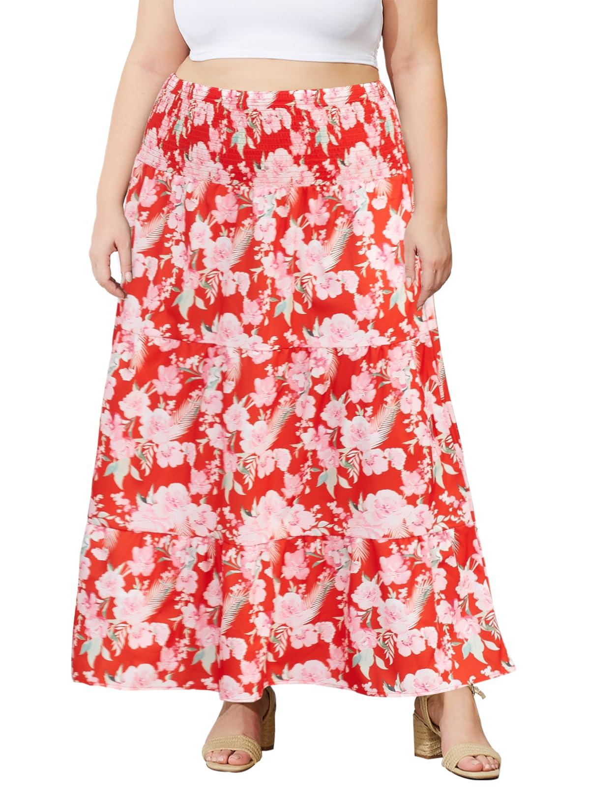 Plus Size Maxi Skirt High Waist Pleated Flowy Floral - Red Print-Moon Wood