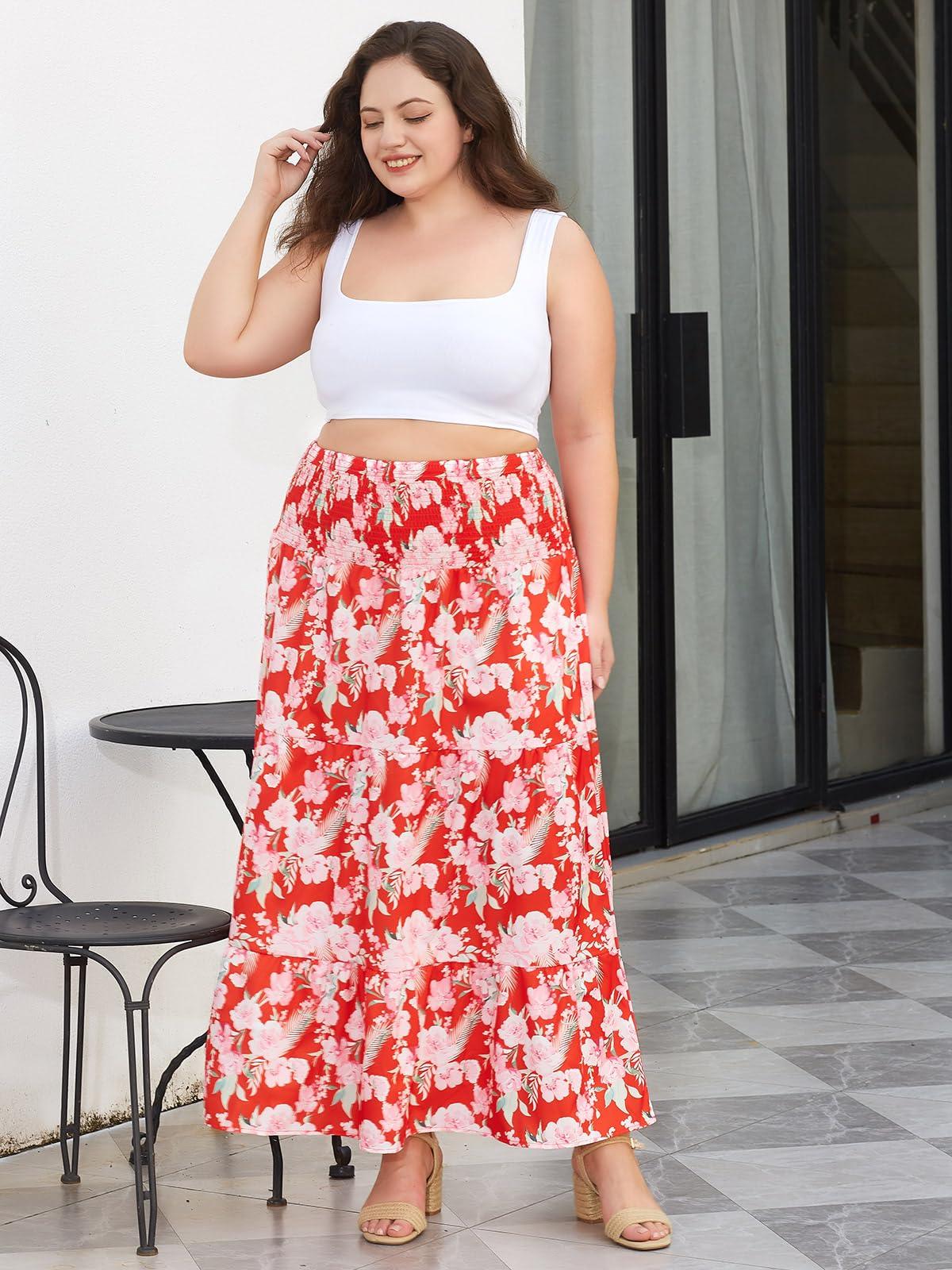 Plus Size Maxi Skirt High Waist Pleated Flowy Floral - Red Print-Moon Wood