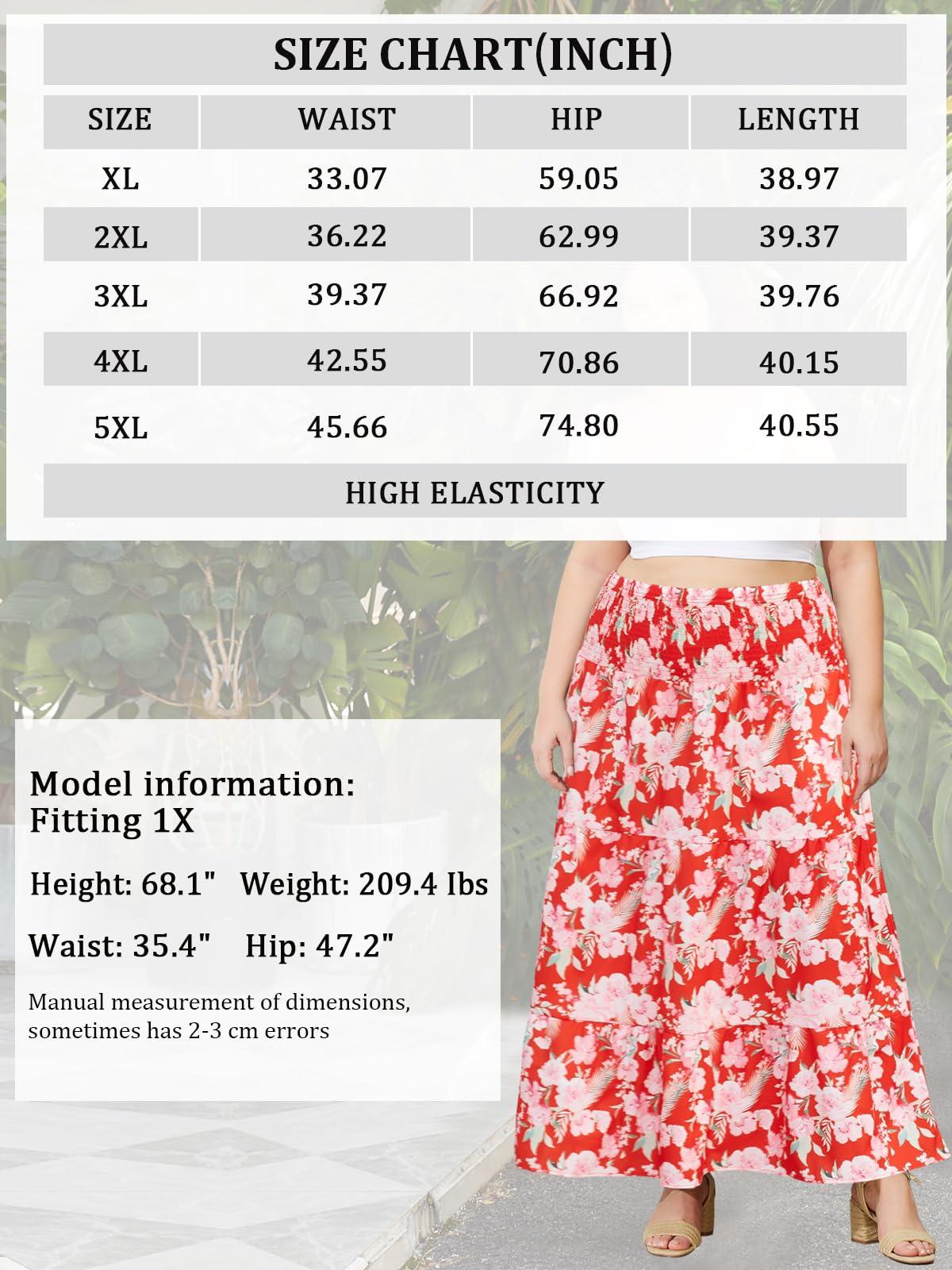 Plus Size Maxi Skirt High Waist Pleated Flowy Floral - Red Print-Moon Wood