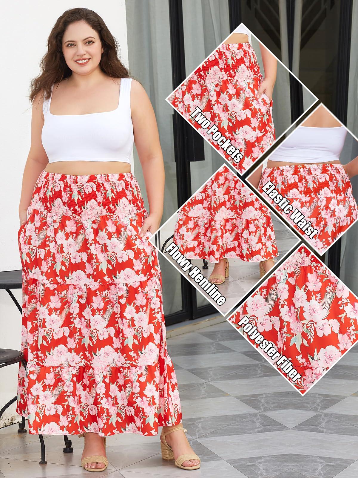 Plus Size Maxi Skirt High Waist Pleated Flowy Floral - Red Print-Moon Wood