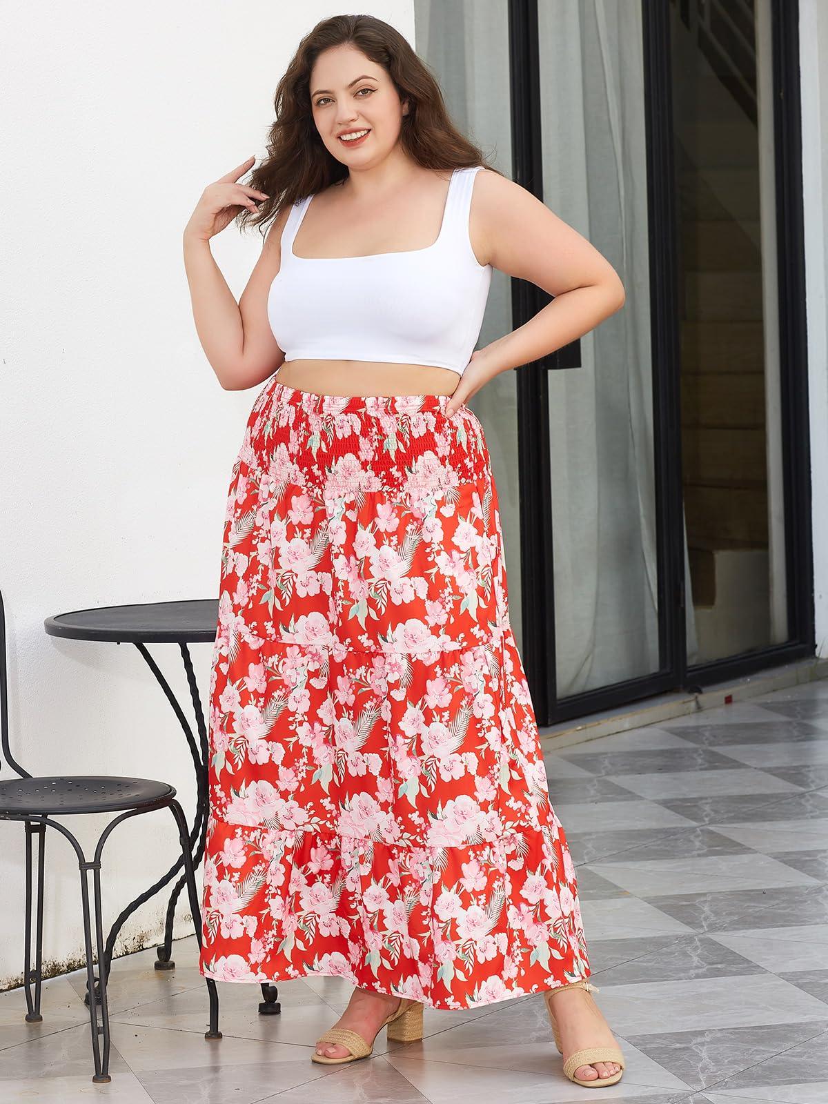 Plus Size Maxi Skirt High Waist Pleated Flowy Floral - Red Print-Moon Wood