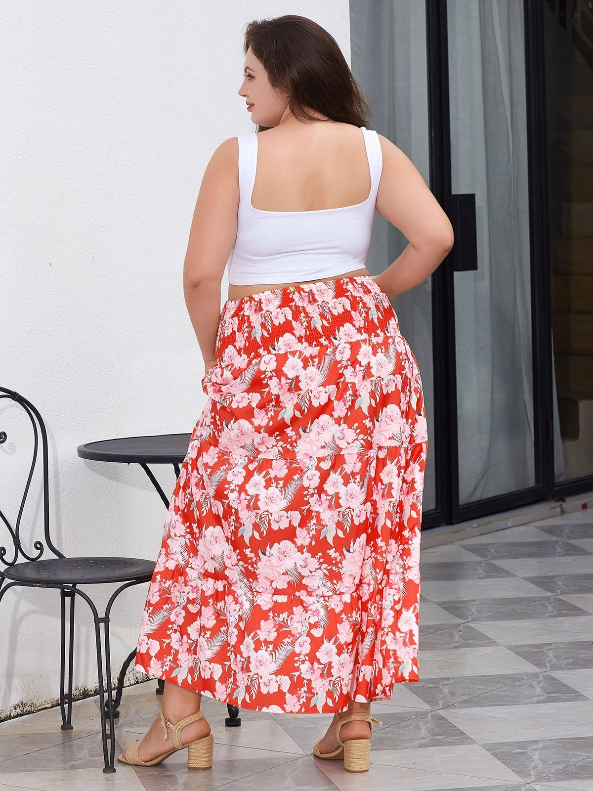 Plus Size Maxi Skirt High Waist Pleated Flowy Floral - Red Print-Moon Wood