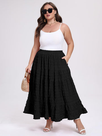 Plus Size Maxi Skirt Tiered A-Line - Black