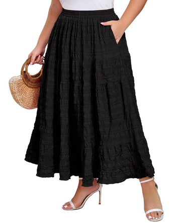 Plus Size Maxi Skirt Tiered A-Line - Black