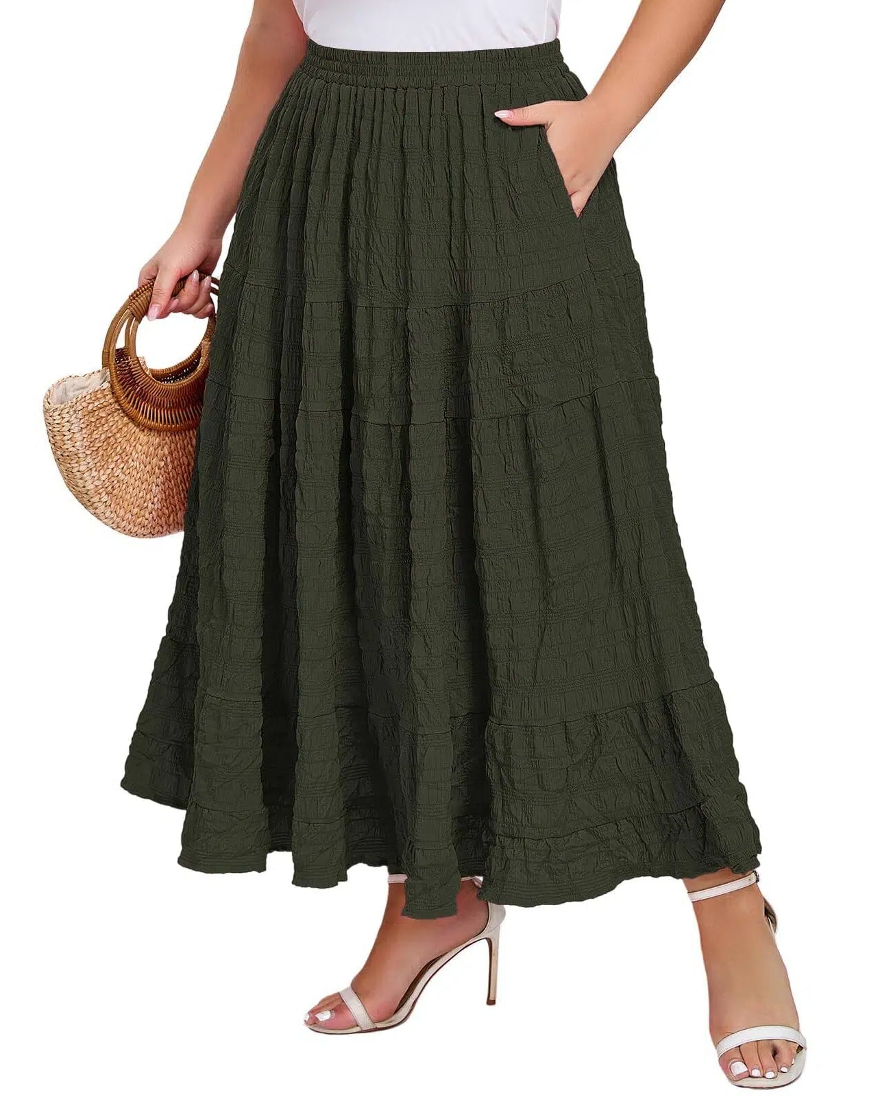 Plus Size Maxi Skirt Tiered A-Line - Green