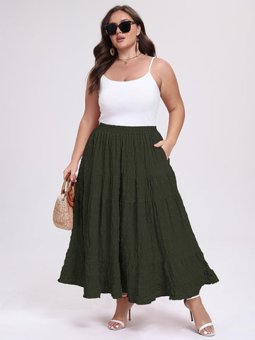 Plus Size Maxi Skirt Tiered A-Line - Green