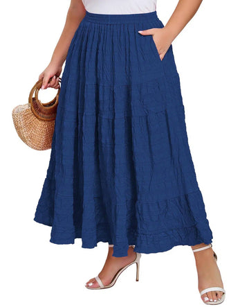 Plus Size Maxi Skirt Tiered A-Line - Navy